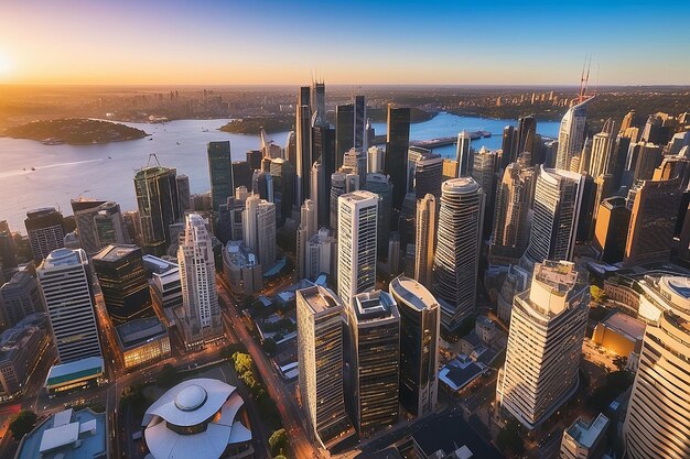 Downtown Sydney skyline in Australia from top view at sunset