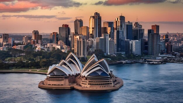 Downtown sydney skyline in australia from top view at sunset