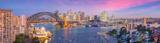 Downtown Sydney skyline in Australia from top view at twilight