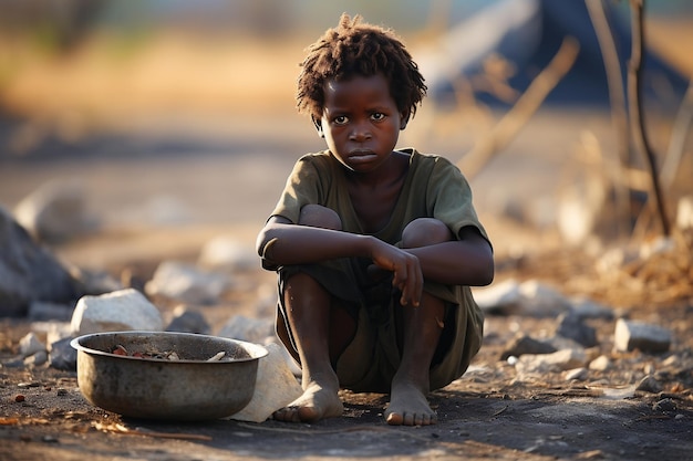 Photo downtrodden african boy struggling with hunger and sadness ai