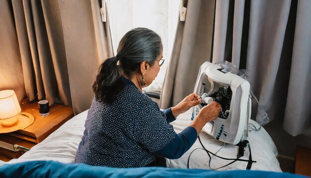 Photo downward perspective of a senior person in a bedroom back turned adjusting a cpap machine managing s...