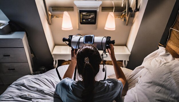 Foto perspettiva verso il basso di qualcuno in una camera da letto girato indietro regolando una macchina cpap che gestisce l'apnea del sonno...