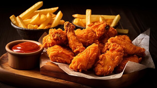 dozen of cripsy fried chicken pieces placed in a wooden bench fries all types of fried chicken