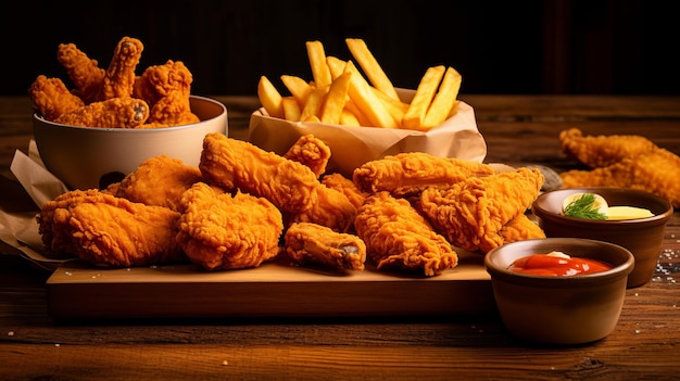 dozen of cripsy fried chicken pieces placed in a wooden bench fries all types of fried chicken