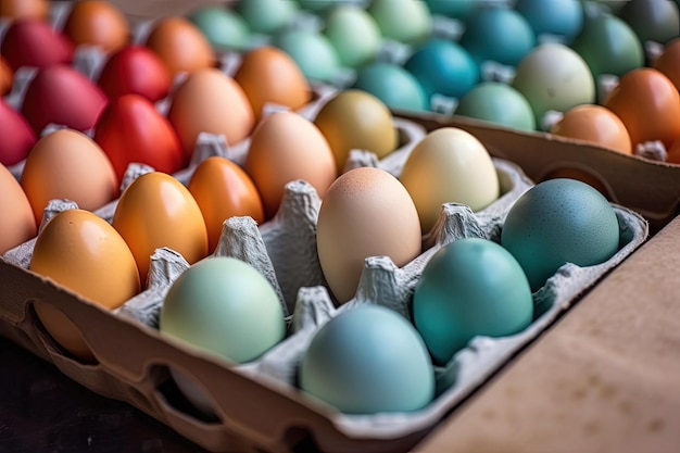 Dozen eggs in a carton on a wooden table Generative AI