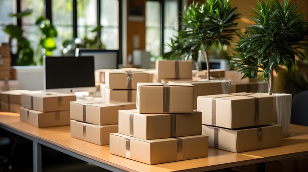 dozen gestapeld op een tafel met een laptop en een plant Generatieve AI