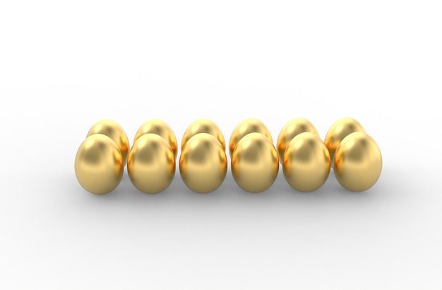 A dozen of golden eggs on white background - 3d rendering, 3d illustration