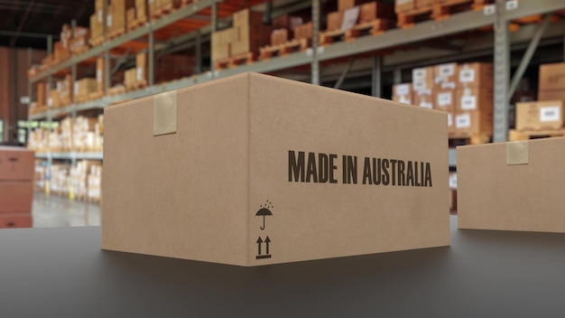 Dozen met MADE IN AUSTRALI tekst op transportband 3D-rendering