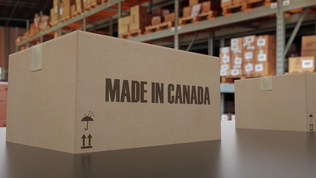 Dozen met MADE IN CANADA-tekst op transportband 3D-rendering