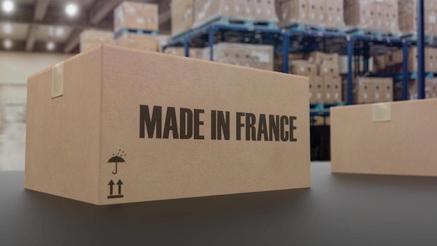 Dozen met MADE IN FRANCE-tekst op transportband 3d illustratie