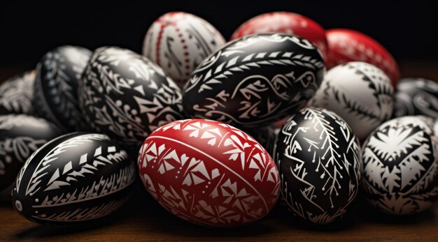 Photo dozens of painted and red easter eggs on a wooden table