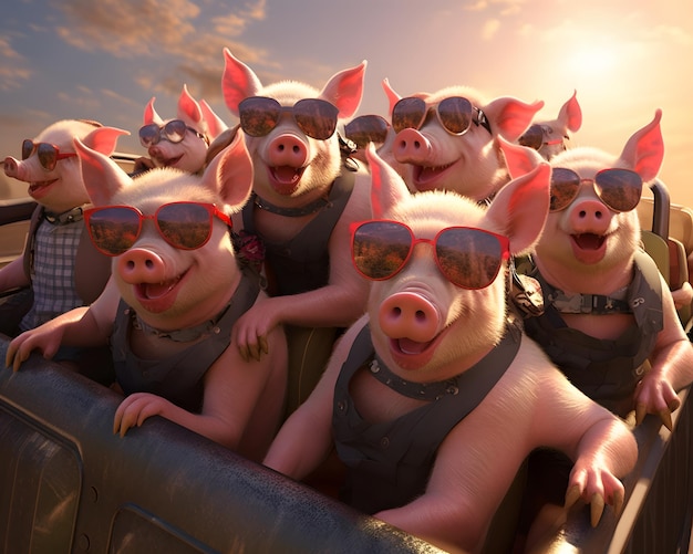 Dozens of pigs wearing dark sunglasses sitting on an open truck bed Generative AI