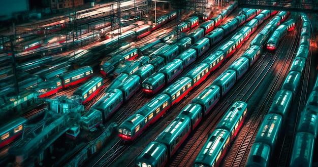 Dozens of trains on the tracks at a station