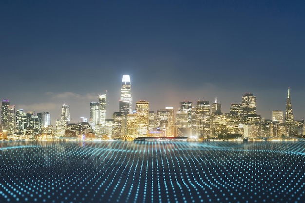 Draadloze verbinding IOT en smart city concept met abstracte digitale gestippelde golven bedekken rivier op nacht verlichte skyline van de stad achtergrond