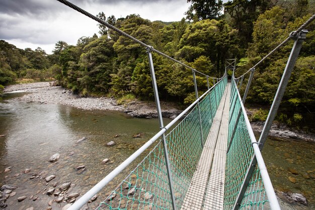 Draaibrug over de rivier de Tauherenikau, Tararua Forest Park, Nieuw-Zeeland