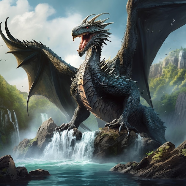 Draak fantasie dier Een feydragon die op een rots zit in het midden van een meer met een waterval