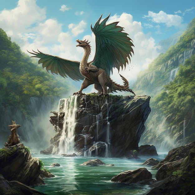 Draak fantasie dier Een feydragon die op een rots zit in het midden van een meer met een waterval