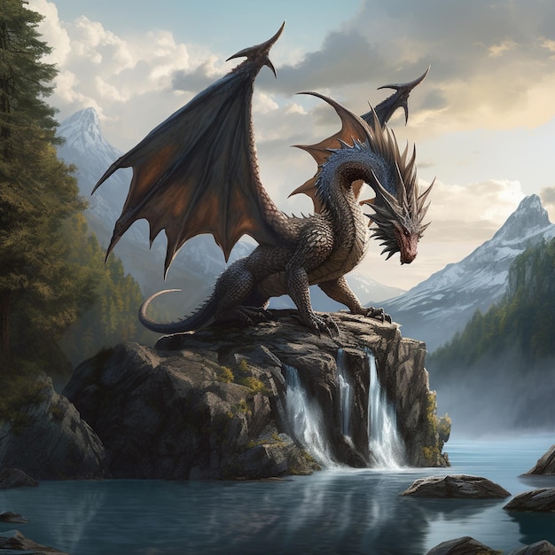 Draak fantasie dier Een feydragon die op een rots zit in het midden van een meer met een waterval