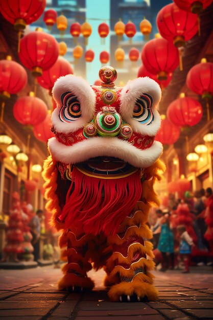 Draak of leeuw dans show barongsai in de viering van het Chinese Lunar New Year festival Aziatische traditionele