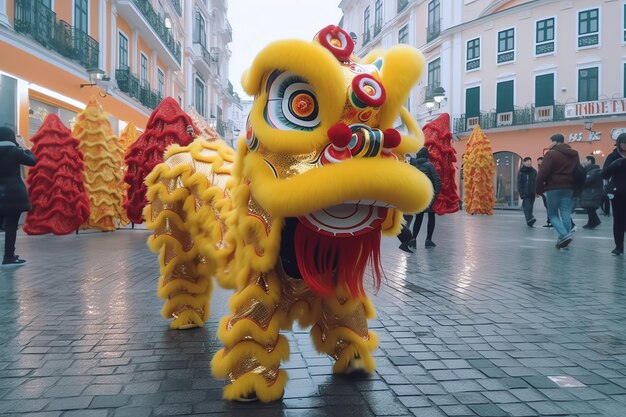 Foto draak of leeuw dans show barongsai in de viering van het chinese lunar new year festival aziatische traditionele