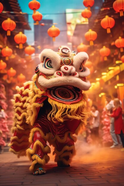 Draak- of leeuwendansshow barongsai bij de viering van het Chinese nieuwe jaarfeest Aziatisch traditioneel