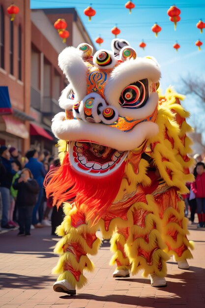 Foto draak- of leeuwendansshow barongsai bij de viering van het chinese nieuwe jaarfeest aziatisch traditioneel