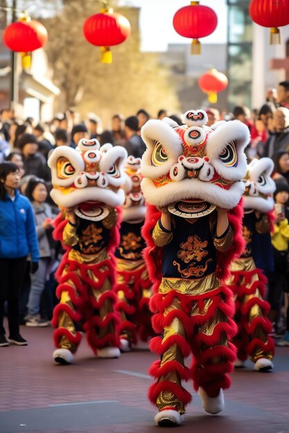 Foto draak- of leeuwendansshow barongsai bij de viering van het chinese nieuwe jaarfeest aziatisch traditioneel