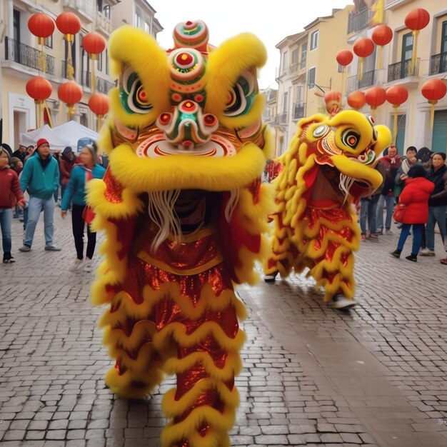 Draak- of leeuwendansshow barongsai ter viering van het Chinese nieuwe maanjaarfestival Aziatische traditioneel