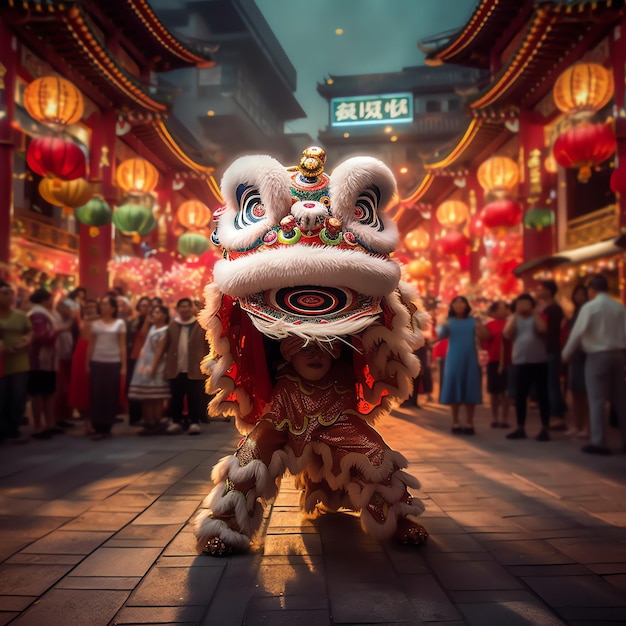 Draak- of leeuwendansshow barongsai ter viering van het Chinese nieuwe maanjaarfestival Aziatische traditioneel