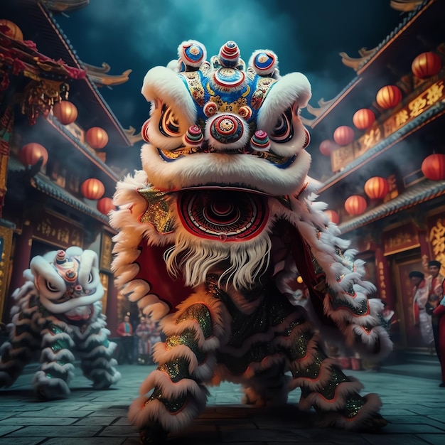 Draak- of leeuwendansshow barongsai ter viering van het Chinese nieuwe maanjaarfestival Aziatische traditioneel