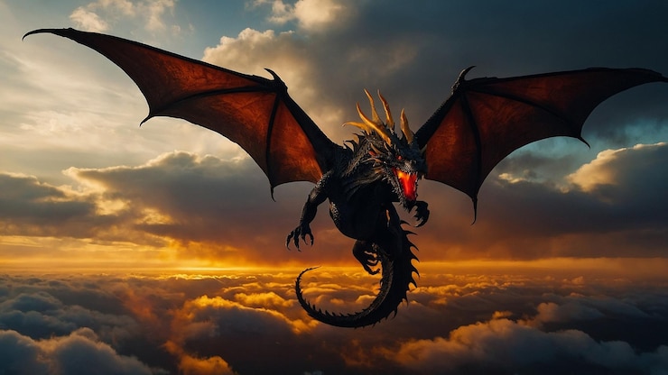 Foto draak vliegt in de lucht met wolken op de achtergrond