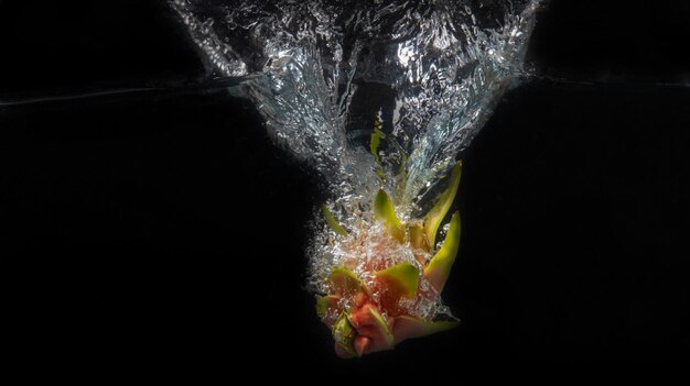 Foto draakfruit of pitahaya die in het water spetten met zwarte achtergrond en bewegingsgevoel