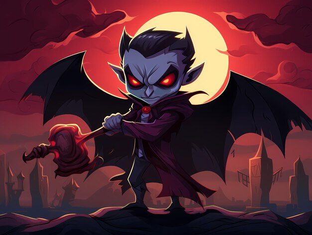 Dracula with Bat Vector Colorful Cartoon Illustration