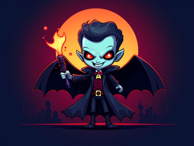 Dracula with Bat Vector Colorful Cartoon Illustration