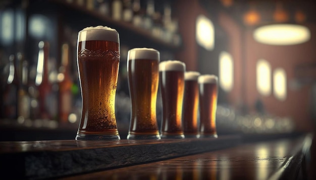 Draft beer in glasses on the bar in a row the background of the bar is blurred Generative AI