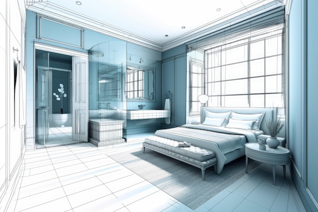 ブループリントプロジェクトの草稿 豪華な寝室と浴室のパルケットの床 大きな窓とステンドグラス ダブルベッド バスタブとパフのカーペット