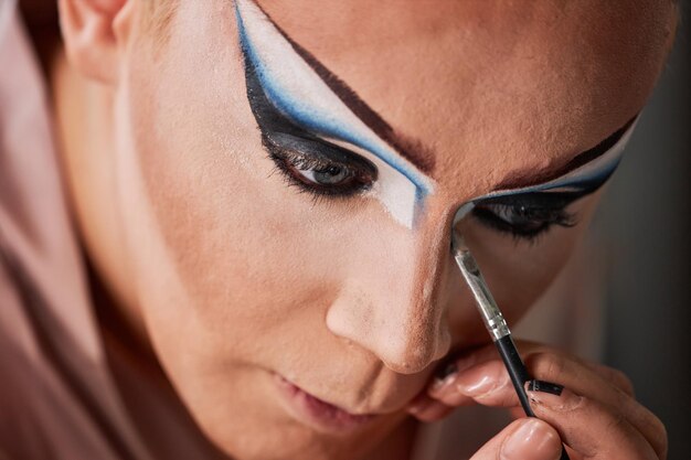 Photo drag queen doing makeup and drawing graphic eyeliner