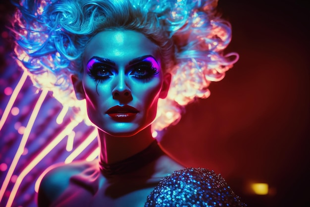 Drag queen-stijl travestiet man met make-up in een damesjurk op een show Generative AI