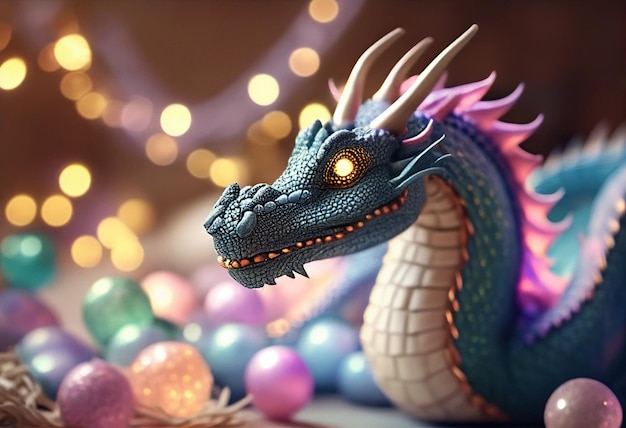 Dragon against the background of lights garlands luminous balls and decorations during Christmas