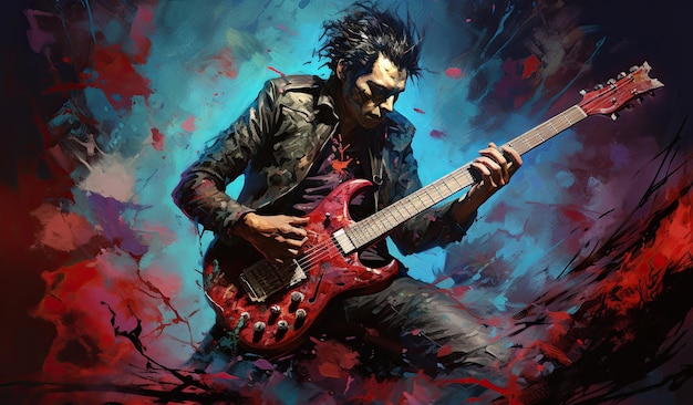 dragon age chronicles prequels psychedelic rock guitarist dark black and sky blue concert poster skeletal