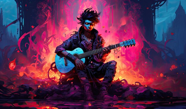 dragon age chronicles prequels psychedelic rock guitarist dark black and sky blue concert poster skeletal