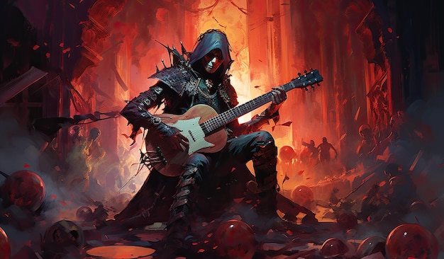 Dragon Age Chronicles prequels psychedelische rockgitarist donkerzwart en hemelsblauw concertposter skeletachtig