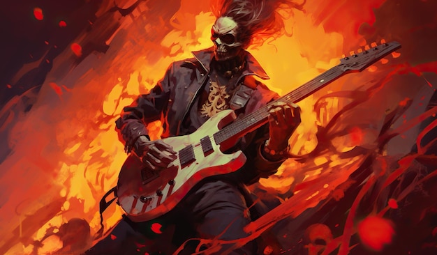 Dragon Age Chronicles prequels psychedelische rockgitarist donkerzwart en hemelsblauw concertposter skeletachtig