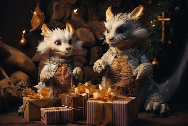 Dragon are sitting on the New Year tree holding small decorated gifts in their paws