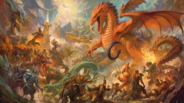 A dragon attacking a battle with other people.