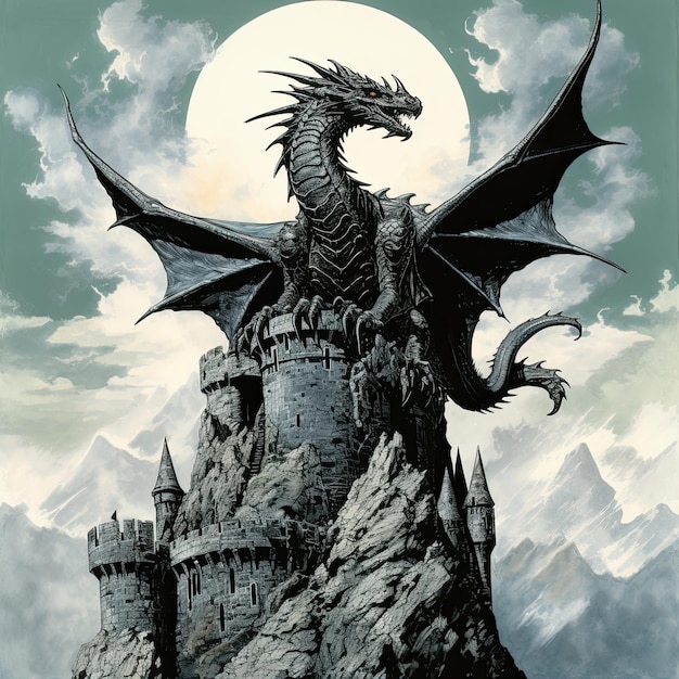 дракон на фоне гор и векторной иллюстрации неба