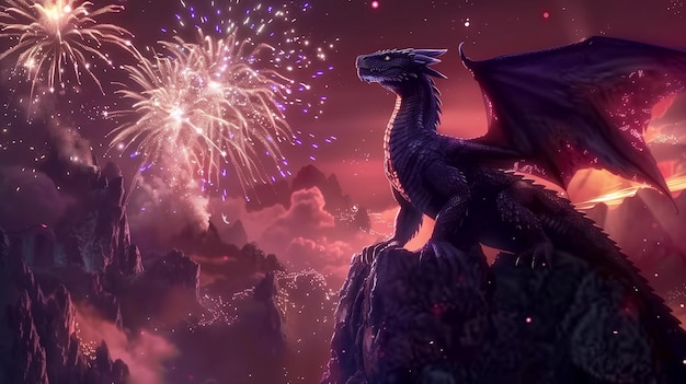 Photo dragon on the background of the night sky with fireworks 3d rendering