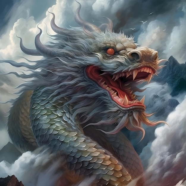 dragon on the background of the sky with clouds 3d illustration AI Generative