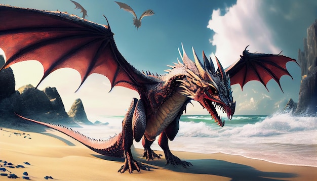 A dragon on the beach with a blue sky and clouds