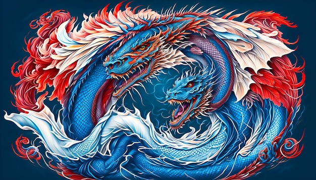 A dragon and a blue dragon are fighting in the water.